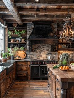 a rustic kitchen with wood flooring and stone walls, an island countertop and black appliances