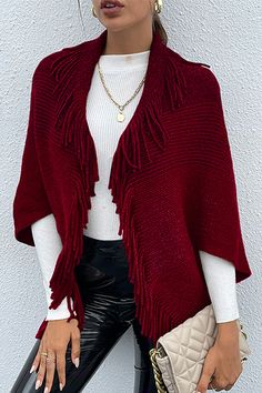 Casual Elegant Striped Tassel Split Joint Turndown Collar Tops Sweater Outfit Chaleco Largo, Elegant Sweater, Gilet Long, Fringed Poncho, Crochet Clothing, Comfortable Sweater, Elegant Pattern, Blouse Tops, Elegant Red