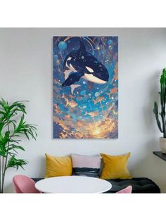 an orca whale is swimming in the ocean with stars and clouds on it's back