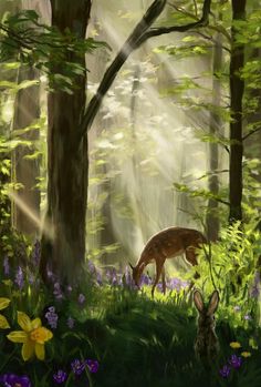 a painting of a deer in the woods with flowers and trees around it's edges