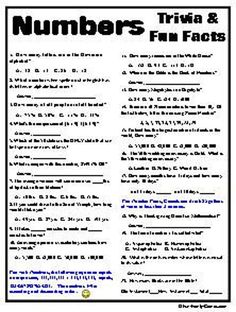 Numbers are fascinating, and fun.  This game is not a math game.  It includes 44 trivia Q's, for responses that will include a number.   And there are seven fun facts that will amaze you even if you are not a numbers person.   There is also a page with 37 common phrases that include a 'food' item, except the 'food' item is missing, you will have to fill it in. Our games are family friendly, printable immediately, and guaranteed to challenge you.   All you need is paper in your printer. Math Trivia Fun Facts, Intelligence Quizzes, Math Trivia, Geography Quizzes, Science Trivia, Movie Quizzes, History Quiz, Music Trivia, Activity Director