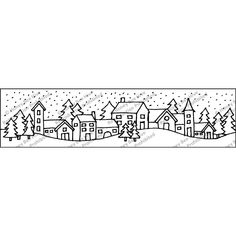 a black and white line drawing of houses in the snow with trees on each side