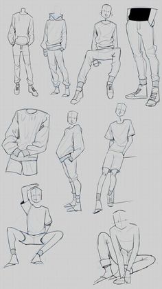 a bunch of sketches of people sitting down and standing in different positions, all with their hands on their hips