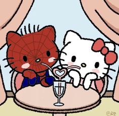 two hello kitty characters sitting at a table with a wine glass in front of them