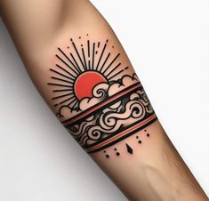 an arm with a sun and clouds tattoo on it