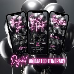 three cell phones with pink neon lights on them and some balloons in the background that say, save your date