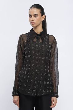 Black button down shirt with myriad script symbol embroidery in zardosi. - Aza Fashions Designer Long Sleeve Tops For Festive Occasion, Festive Long Sleeve Designer Tops, Elegant Black Festive Shirt, Designer Embroidered Black Shirt, Designer Black Embroidered Shirt, Designer Embroidered Tops For Formal Occasions, Designer Long Sleeve Festive Shirt, Festive Party Shirt With Embroidery, Festive Embroidered Party Shirt