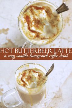 two mugs filled with hot buttered latte and topped with whipped cream on top