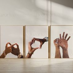 three framed photographs of hands making the shape of a heart