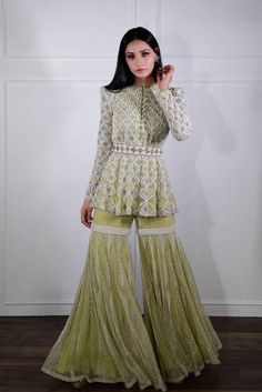 Ritika Mirchandani-Ivory Jade Embroidered Sharara Set-INDIASPOPUP.COM Ritika Mirchandani, Fusion Dress, Green Sharara, Embroidered Sharara, Sharara Designs, Indian Outfits Lehenga, Casual Indian Fashion, Salwar Kamiz, Indian Dresses Traditional