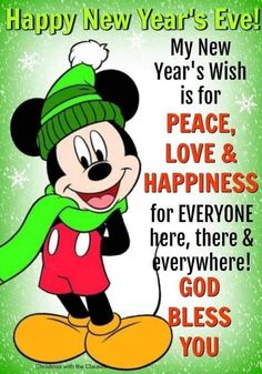 a cartoon mickey mouse wearing a green hat and scarf with the words happy new year's eve