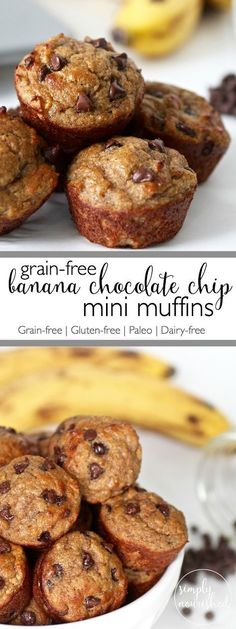 banana chocolate chip mini muffins in a white bowl