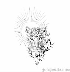 a black and white drawing of a leopard with sunbursts on it's head