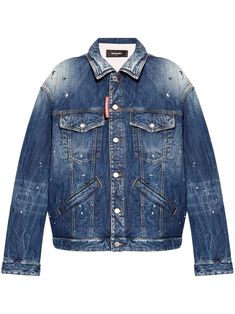 blue cotton denim distressed finish logo tag spread collar long sleeves two front welt pockets two chest flap pockets front button fastening straight hem Yoko London, Distressed Denim Jacket, Blue Denim Jacket, Logo Tag, Jeans Jumpsuit, Yoga Wear, Sporty Style, Fashion Labels, Italian Fashion