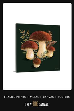 a painting of mushrooms with leaves on it