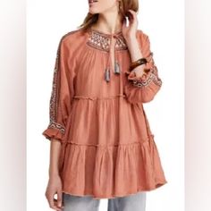 Nwt No Flaws Boho Woven Cotton Tunic With Beautiful Embroidery Detailing. Front V-Neckline With Tassel Tie Tiered Silhouette 3/4 Sleeves Side Pockets Approximate Measurements Bust 19” Armpit To Armpit Length 28/31 Front/Back V-neck Top With Geometric Embroidery For Fall, Embroidered V-neck Top For Fall, V-neck Embroidered Fall Top, Fall Embroidered V-neck Top, Fall Cotton V-neck Embroidered Top, Fall V-neck Top With Embroidered Neckline, Fall V-neck Top With Geometric Embroidery, Fall Geometric Embroidered V-neck Top, Embroidered V-neck Peasant Top For Fall