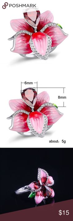 🌺 Beautiful Pink Flower ring with Red Crystal NWOT! Material: Silver Fill Lead free and Nickel free Measurements shown in pictures. Jewelry Rings Pink Flower Ring For Valentine's Day, Silver Flower Shaped Rings For Party, Silver Flower Ring For Party, Silver Flower Shaped Party Rings, Valentine's Day Silver Flower Rings, Red Flower Ring For Wedding, Elegant Red Flower Ring, Red Flower-shaped Wedding Ring, Red Flower Wedding Ring