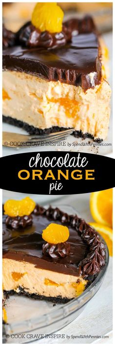 chocolate orange pie on a plate with the title above it