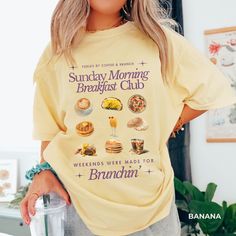 Get ready to be OBSESSED with your new Sunday Morning Breakfast Club Shirt. It's the cutest and most trendy way to emit all those important Downtown Girl vibes while! This is the perfect shirt for all the Sunday Brunch loving Girlies! * Q U I C K * F A C T S * ✺ 100% preshrunk cotton ✺ Wash and dry normally (on cool for best results) * S I Z I N G * ✺ Models are wearing size XL ✺ Sizing is unisex so runs like men's, though not overly large ✺ Most women find their typical size works best, since they are meant to fit a touch loose ✺ Size guide and fit:  * S H I P P I N G * T I M E S * ✺ Our items are individually made with love for each of our buyers. Because of this, our processing time is 2-5 business days (depending on order volume) plus transit time, but typically much faster. We know ou Downtown Girl Aesthetic Clothes, Aesthetic Clothes Y2k, Breakfast Club Shirt, Sunday Morning Breakfast, Downtown Girl Aesthetic, Brunch Shirts, Brunch Club, Clothes Y2k, Food Shirt