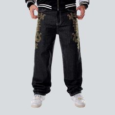 Bringing you our 2023 Autumn Collection hip-hop golden ornament jeans guaranteed to make your edgy style shine! This baggy. mid-waist design comes with a unique zipper & button closure. stitched details. and a golden ornament on the back pocket. Unleash your inner urbane fashionista with this one-of-a-kind piece!Why You'll Fall In Love Unique Embroidered Details: Showcase your style credentials with this unique and stylish embroidery. Baggy. Mid-Waist Design: Enjoy a baggy and informal fit with Casual Gold Straight Leg Bottoms, Casual Gold Straight Leg Pants, Street Style Aesthetic, Autumn Collection, Edgy Style, Street Style Trends, Streetwear Style, Embroidered Details, 2023 Autumn