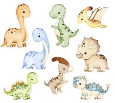 watercolor dinosaurs in various colors and sizes