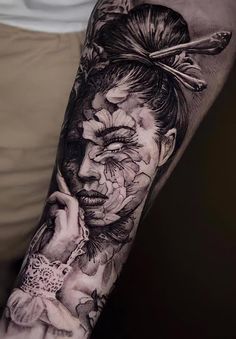 Buddha Theme Tattoo, Color And Black And Grey Tattoo Sleeve, Vintage Lady Tattoo, Semi Realistic Tattoo, Japanese Woman Tattoo, Geisha Tattoo For Men, Geisha Tattoo Sleeve, Skull Thigh Tattoos, Mangas Tattoo