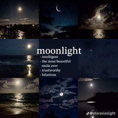 the moon is shining brightly in the night sky over water and land, with words written below it