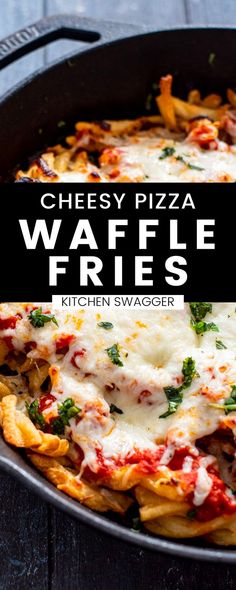 cheesy pizza waffle fries in a skillet with the title overlay