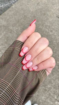 Double Line French Tip Nails Red, Red French Outline Nails, Red Square Nails French Tip, Red Outline French Tip Nails, Square Double French Nails, Double French Square Nails, Red French Nails Design Square, Red Double French Nails, French Nails Double Line