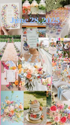 a collage of different pictures with flowers and wedding decorations on them, including a cake