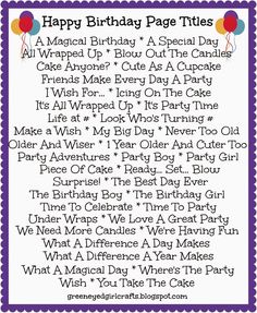 the happy birthday page titles are shown in purple and white, with balloons on them