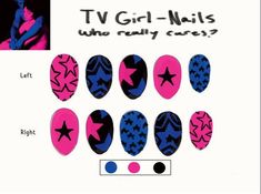 Tv girl, nails<3 Band Nails Design, Tv Girl Nails Idea, Smiling Friends Nails, Nail Ideas Drawings, Tv Girl Makeup, Tv Girl Nails Design, Star Inspired Nails, Tv Girl Tattoo, Nail Painting Designs