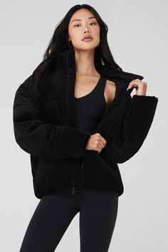 Corduroy Stage Puffer - Black | Alo Yoga Cheap Long Sleeve Track Jacket With Ribbed Cuffs, Black Puffer Jacket Target, Cheap Solid Color Puffer Jacket For Outdoor, Aritzia Super Puff Corduroy, Lululemon Nylon Outerwear For Outdoor Activities, Corduroy Puffer, Womens Onesie, Puffer Jacket Women, Tank Top Bras