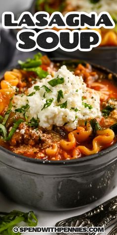 lasagna soup in a pot with fettuccine and parmesan cheese