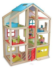 a wooden doll house with furniture and accessories