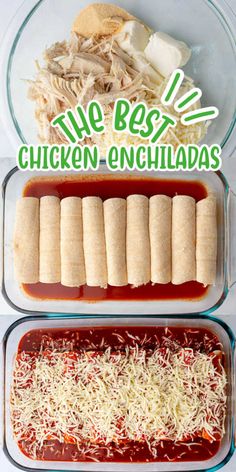 the best chicken enchiladas recipe is in two separate glass dishes, with cheese and sauce on top