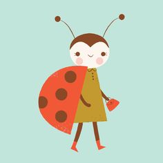 a ladybug holding a purse and wearing a dress with polka dots on it