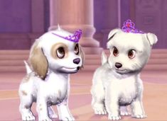 two little dogs standing next to each other in front of a purple building with columns