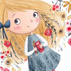 a drawing of a girl with blonde hair and blue dress holding a red apple in her hand