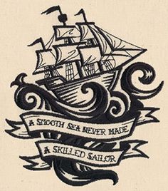 an old fashioned tattoo with a ship on it's back and banner in the middle