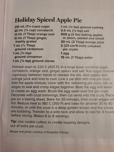 the recipe for holiday spiced apple pie is shown in an open book with instructions on how to make it