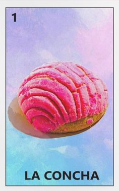 a pink donut with the words la concha on it in front of a blue sky