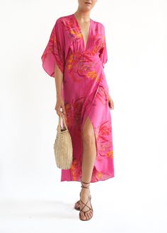 Pink floral maxi dress Half Kimono, Katherine Dress, Pink Silk Dress, Pink Orchids, Silk Floral Dress, Easy Style, Kimono Sleeves, Full Length Dress, Pink Floral Dress