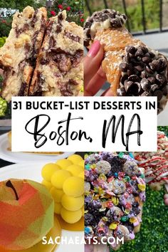 4 desserts in Boston, massachusetts. Levain cookies in the top left, top right is the best cannoli in Boston, bottom right is belgian waffles in Boston, and 3d printed pastries in Boston. Title says 31 Bucket-list desserts in Boston, MA and bottom says sachaeats. This shows the best desserts in Boston and Massachusetts! Boston Desserts, Boston Bakery, Things To Do In Boston, Breakfast In Boston, Boston Activities, Modern Bakery, Georgetown Cupcakes, Boston Food