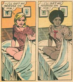 an old comic strip with two women in bed