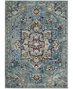 a blue rug with an ornate design on the front and back side, in various colors