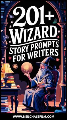 a wizard sitting in a chair reading a book with the title 2011 wizard story prompts for