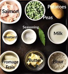 the ingredients to make peas are shown in small bowls