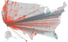 an image of a map that is colored red, white and blue with many lines