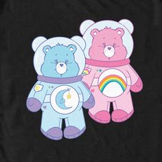 two teddy bears are standing next to each other on a black background, one is holding a rainbow